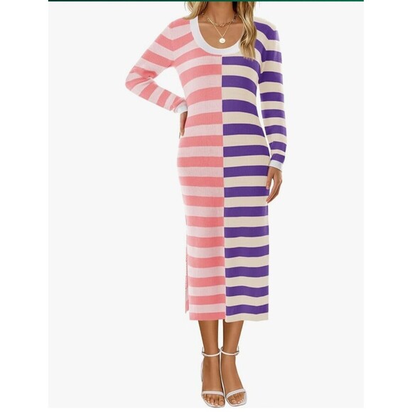 Wenrine Womens 2024 Fall Long Sweater Dress Long Sleeve Striped Maxi Sz Small - Picture 1 of 6